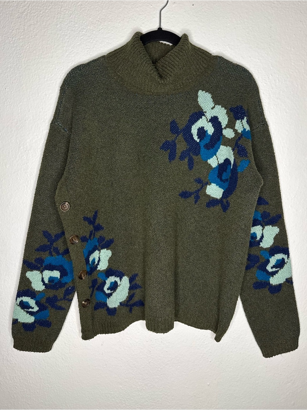 St. John's Bay Cottagecore Olive Green Floral Turtleneck Knit Sweater Sz PL